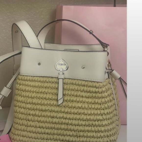 Kate Spade Marti Straw Mixed Media Small Bucket Bag Parchment Multi - Picture 7 of 14